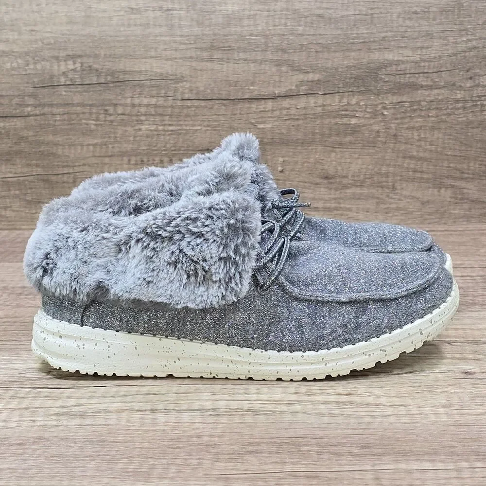 Hey Dude Britt Youth Women's Size 7 Gray Faux Fur Lace Up Comfort Shoes Boots